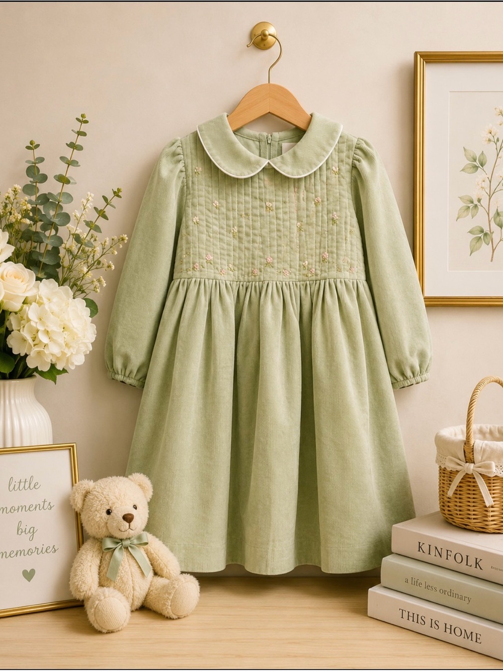 Carriage Boutique smocked green long Sleeve Peter Pan Collar cotton Dress 2 T